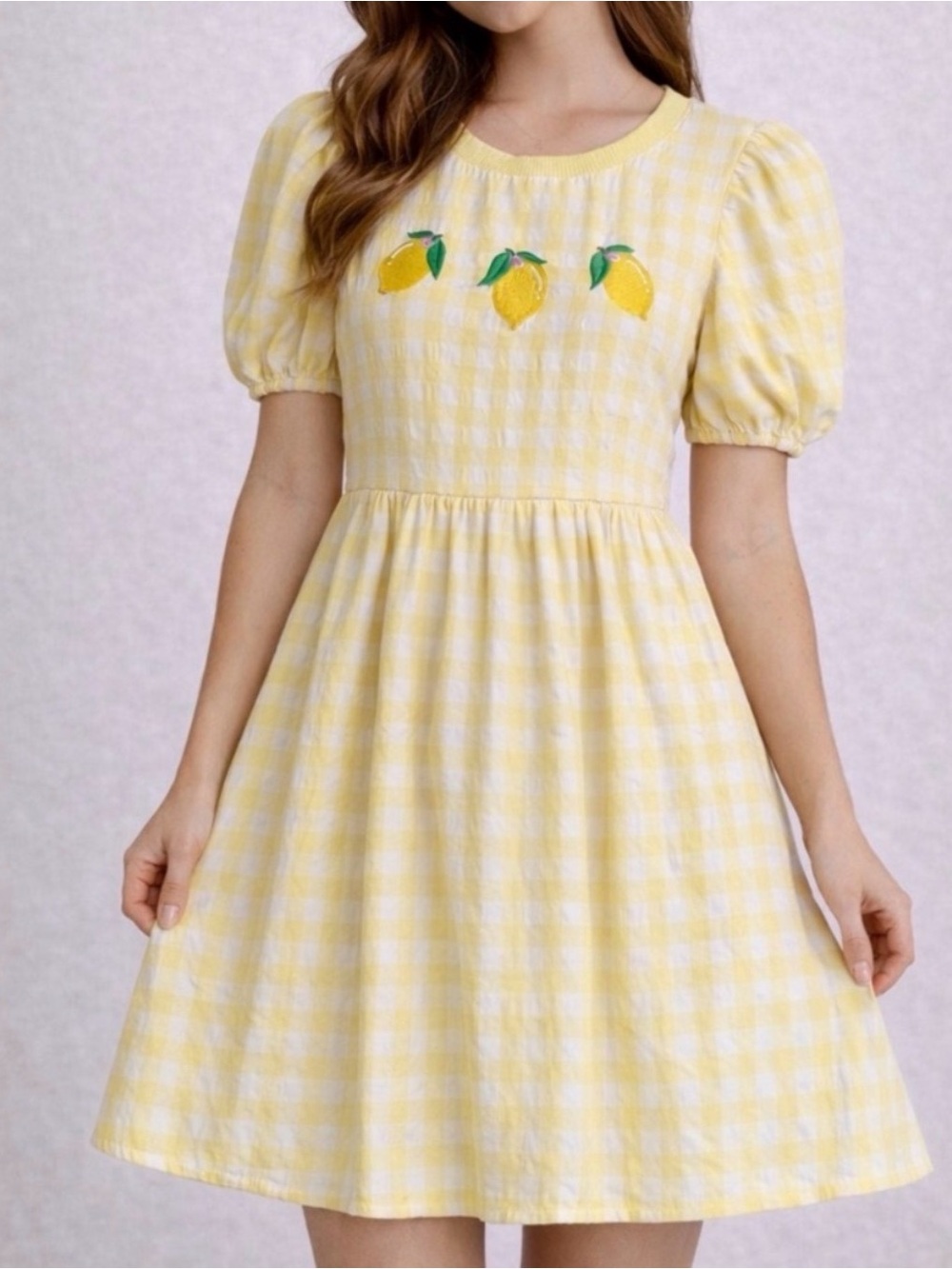 Miss Candyholic Lemon Gingham women’s Dress Size S Puff Sleeve Yellow(E65)✨